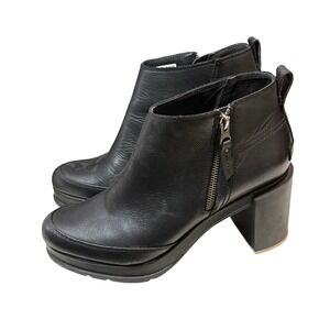Sorel 9.5 Blake Bootie Black Leather Block Heel Zip Ankle Waterproof Moto Rocker